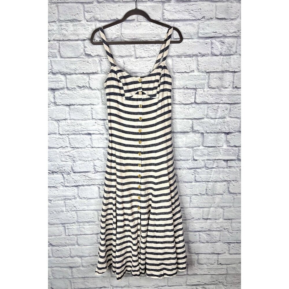 MAEVE Women's Blue & White Linen Blend Button Front Maxi Dress US 6